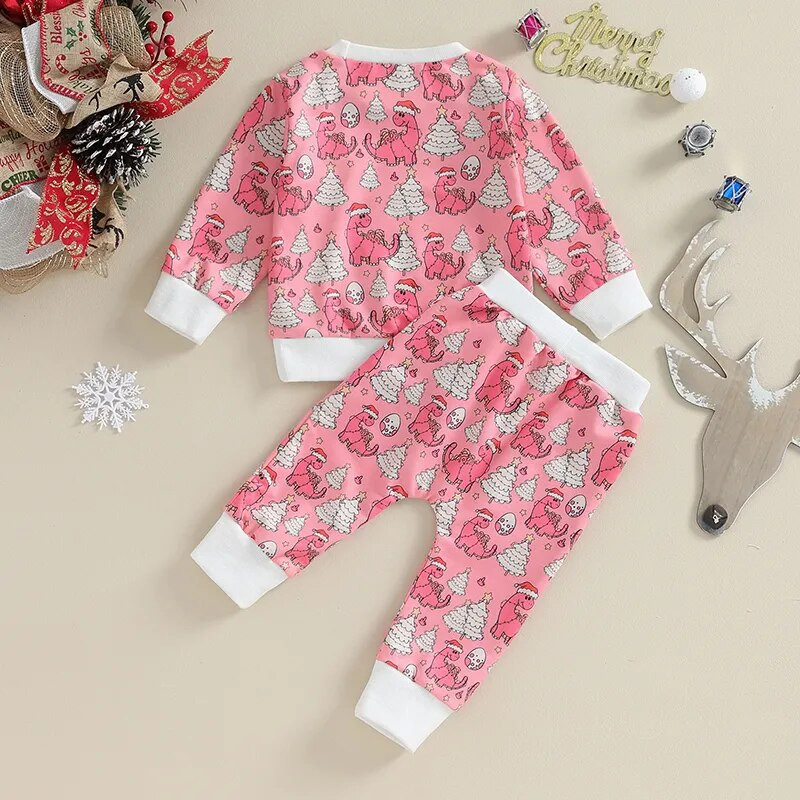 ma&baby 0-3Y karácsonyi újszülött kisgyermek kisfiú lány ruhakészlet, dinoszaurusz mintás hosszú ujjú felső nadrág karácsonyi ruha jelmez