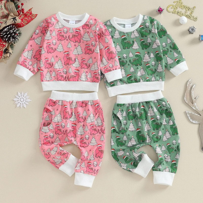 ma&baby 0-3Y karácsonyi újszülött kisgyermek kisfiú lány ruhakészlet, dinoszaurusz mintás hosszú ujjú felső nadrág karácsonyi ruha jelmez