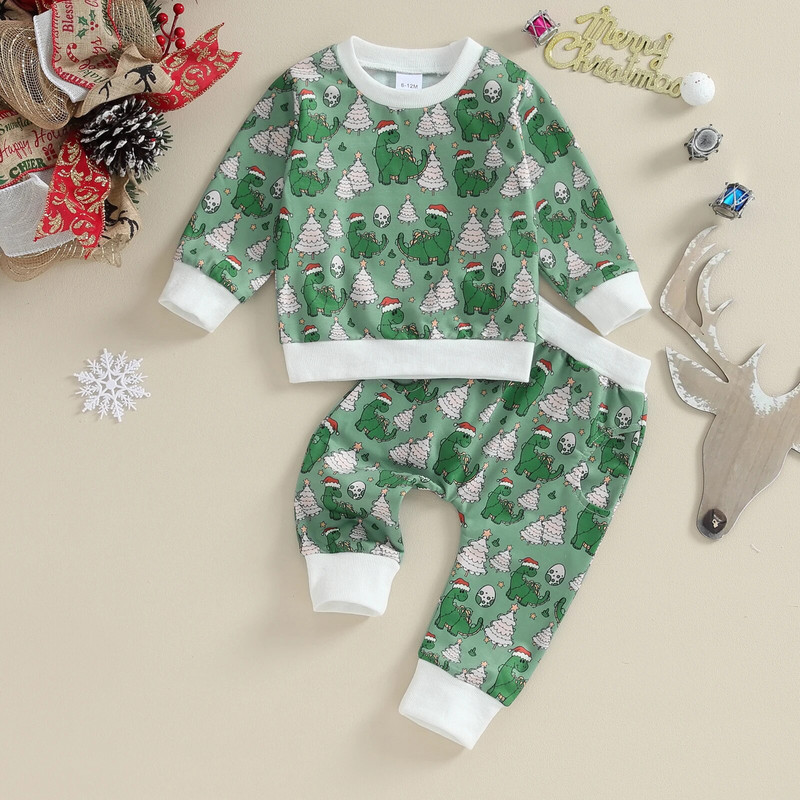 ma&baby 0-3Y karácsonyi újszülött kisgyermek kisfiú lány ruhakészlet, dinoszaurusz mintás hosszú ujjú felső nadrág karácsonyi ruha jelmez