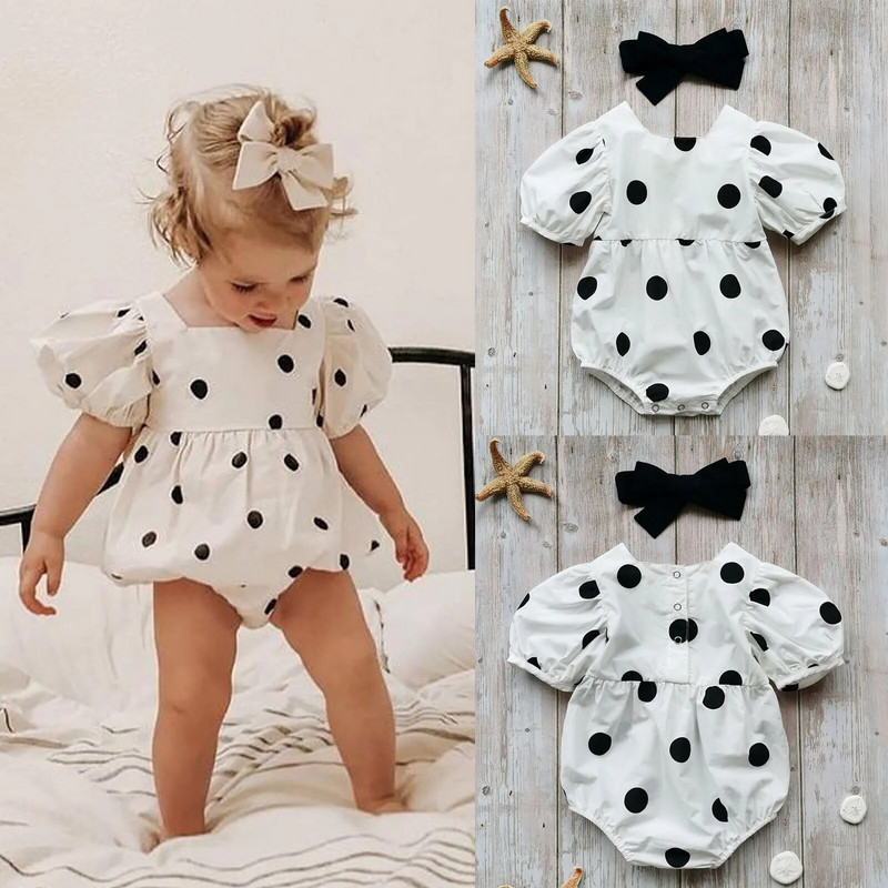 Csecsemő rövid ujjú szőnyeg + masni fejpánt pöttyös nyomtatással, édes stílusú nyári ruházat 0-24 hónapig