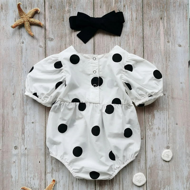 Csecsemő rövid ujjú szőnyeg + masni fejpánt pöttyös nyomtatással, édes stílusú nyári ruházat 0-24 hónapig