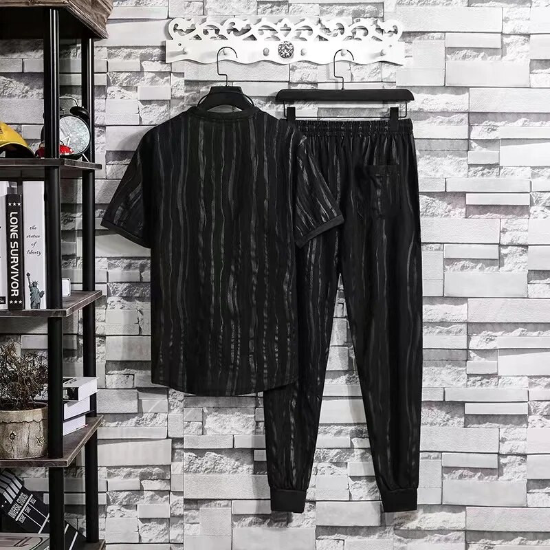 Nyári új bő kétrészes szett férfi rövid ujjú póló húzózsinóros nadrág koreai ráncos sport alkalmi öltöny trend férfi ruhák