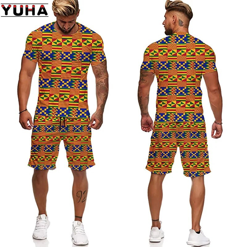 YUHA,Afrikai 3D Print Női/Férfi pólók Szettek Africa Dashiki Férfi tréningruha/Felső/Rövidnadrág Nyári Sport és szabadidő férfi öltöny