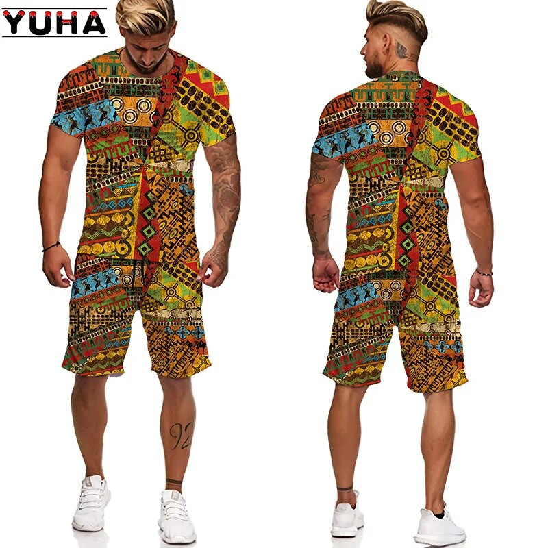 YUHA,Afrikai 3D Print Női/Férfi pólók Szettek Africa Dashiki Férfi tréningruha/Felső/Rövidnadrág Nyári Sport és szabadidő férfi öltöny