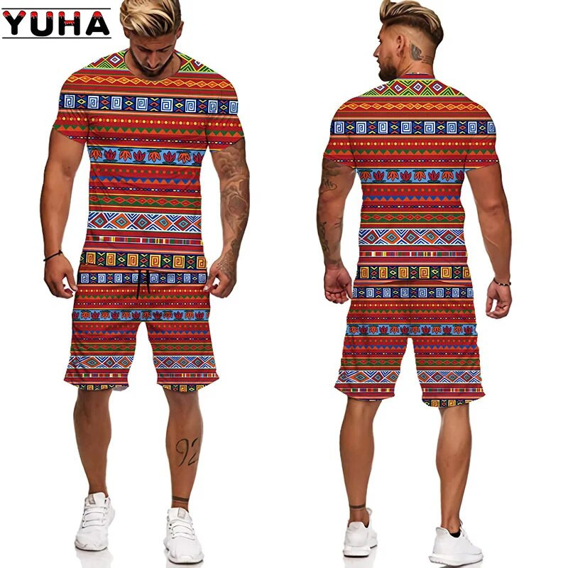 YUHA,Afrikai 3D Print Női/Férfi pólók Szettek Africa Dashiki Férfi tréningruha/Felső/Rövidnadrág Nyári Sport és szabadidő férfi öltöny