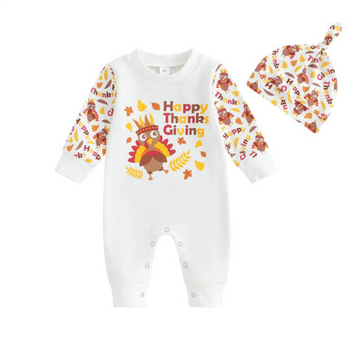 ma&baby 0-18M Ημέρα των Ευχαριστιών Νεογέννητο Βρέφος Βρέφος Κοριτσάκι Αγόρι Ολόσωμο στάμπα γαλοπούλας με μακρυμάνικο κοστούμι καπέλο