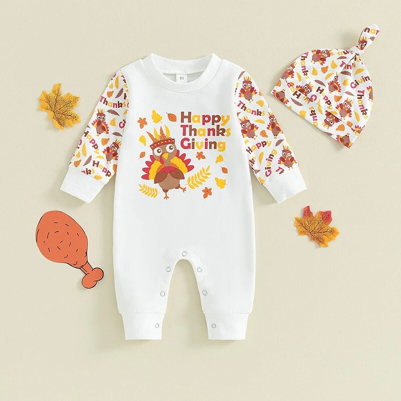 ma&baby 0-18M Hálaadás napja Újszülött Baba Lány Fiú Jumpsuit Pulyka Nyomtatott Hosszú ujjú Nyomdász Kalap Jelmezek