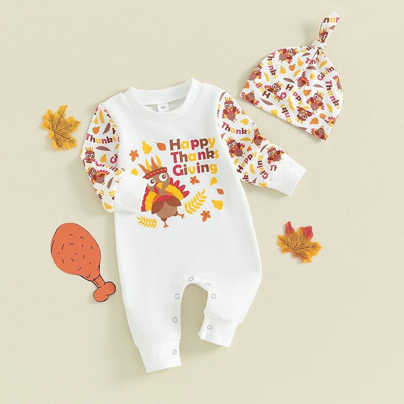 ma&baby 0-18M Hálaadás napja Újszülött Baba Lány Fiú Jumpsuit Pulyka Nyomtatott Hosszú ujjú Nyomdász Kalap Jelmezek