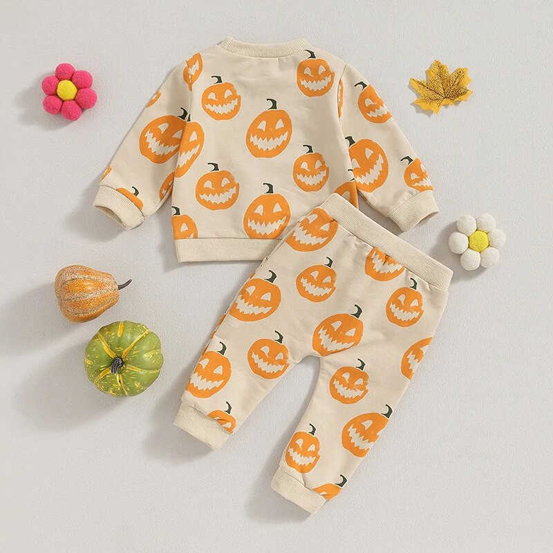 Babanadrág szett Sütőtökmintás hosszú ujjú, nyakú, rugalmas derékú pulóver. Halloweeni ruhák lányoknak, fiúknak