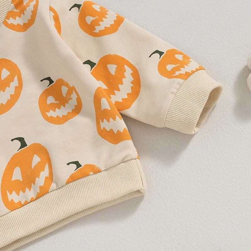 Babanadrág szett Sütőtökmintás hosszú ujjú, nyakú, rugalmas derékú pulóver. Halloweeni ruhák lányoknak, fiúknak