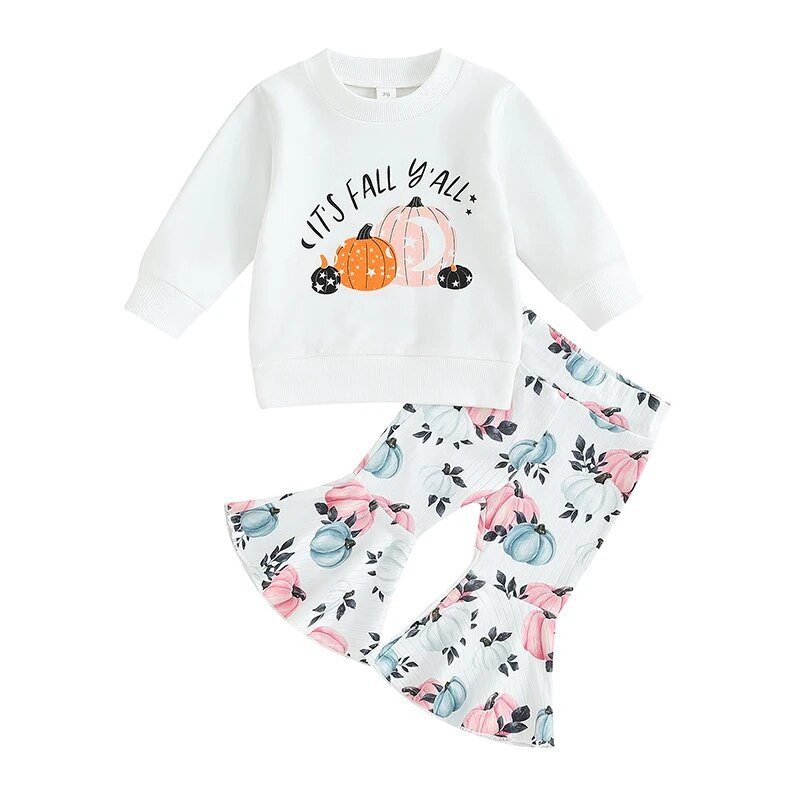 Kislány 2db őszi ruhák, hosszú ujjú pulóver + sütőtök lángoló nadrág szett kisgyermek ruhák