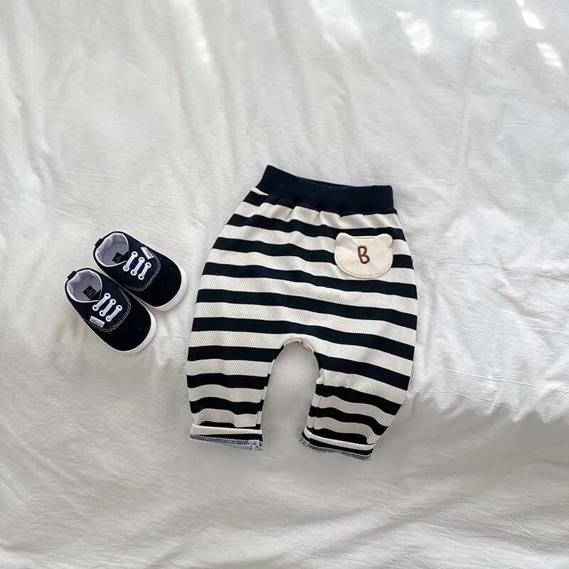 Őszi új divat Újszülött baba csíkos leggings lány gyerekek levél zsebek alkalmi nadrágok fiú csecsemők pamut csíkos gyerekruhák