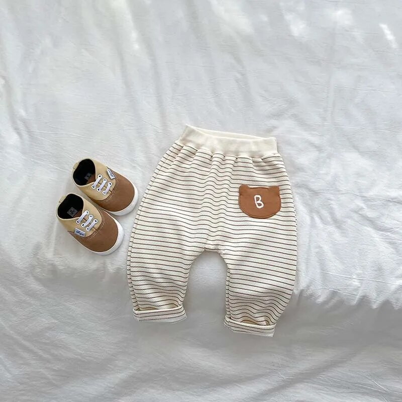 Őszi új divat Újszülött baba csíkos leggings lány gyerekek levél zsebek alkalmi nadrágok fiú csecsemők pamut csíkos gyerekruhák