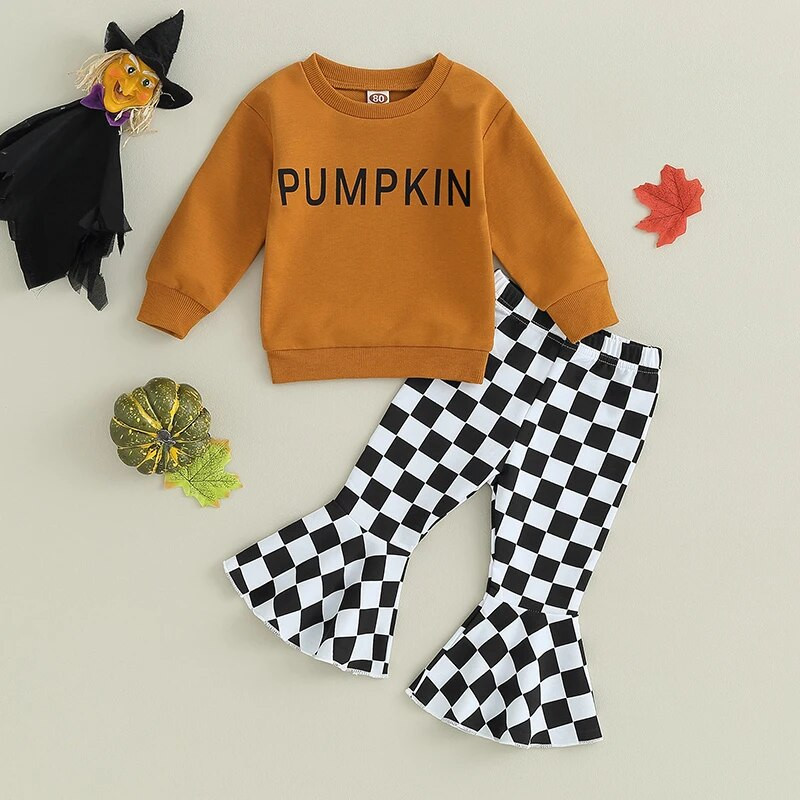 Tipegő lányok Halloween ruhák Betűs, hosszú ujjú pulóver és sakktáblás mintás flare nadrág szett Aranyos ruhák