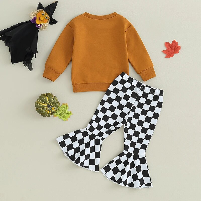 Tipegő lányok Halloween ruhák Betűs, hosszú ujjú pulóver és sakktáblás mintás flare nadrág szett Aranyos ruhák