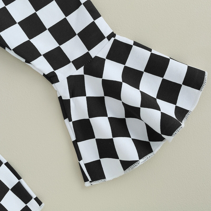 Tipegő lányok Halloween ruhák Betűs, hosszú ujjú pulóver és sakktáblás mintás flare nadrág szett Aranyos ruhák