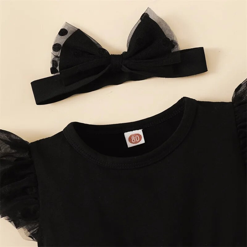 Csecsemő baba lány pólós ruha, pontozott nyakú légy ujjú fekete hálós szoknya szegély nyári hercegnő játszóruha fejpánttal