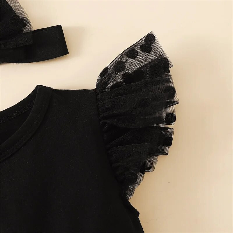 Csecsemő baba lány pólós ruha, pontozott nyakú légy ujjú fekete hálós szoknya szegély nyári hercegnő játszóruha fejpánttal