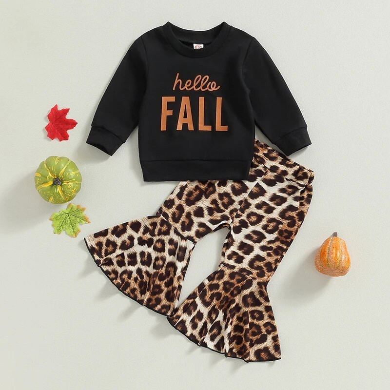 Kisgyermek lányoknak 2 DB nadrág szettek, hosszú ujjú, betűvel nyomtatott pulóverek leopárdmintás kiszélesedő nadrágszettek