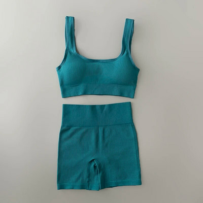 Női sportruházat Zökkenőmentes jóga szett Szexi szögletes gallér sport melltartó felsők öltönyök rövidnadrággal edzőterem fitnesz ruházat ujjatlan tréningruha