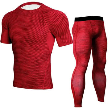 Мъжка спортна тениска за бягане + Панталони Комплект чорапогащи Нов мъжки фитнес костюм Дишащ бързосъхнещ къс ръкав 2 части S-3XL