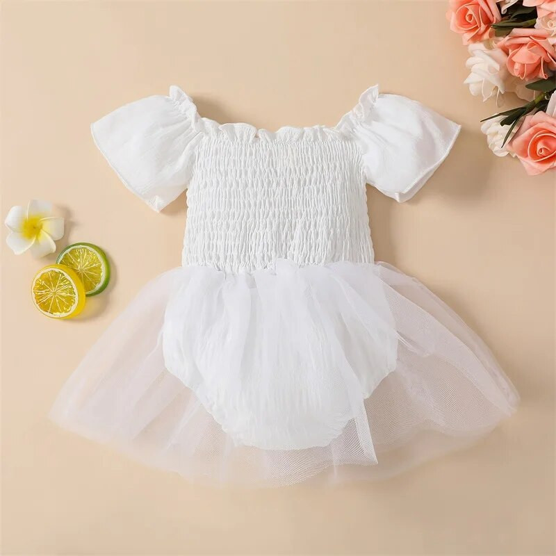 Kislányok Nyári Romperek Body Ruha Princess Solid Fodrok Rövid ujjú Jumpsuitek Tüll Szoknyák Ruhák