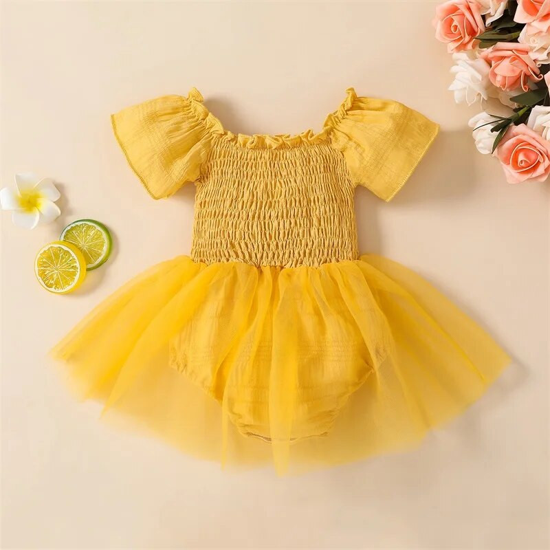 Kislányok Nyári Romperek Body Ruha Princess Solid Fodrok Rövid ujjú Jumpsuitek Tüll Szoknyák Ruhák