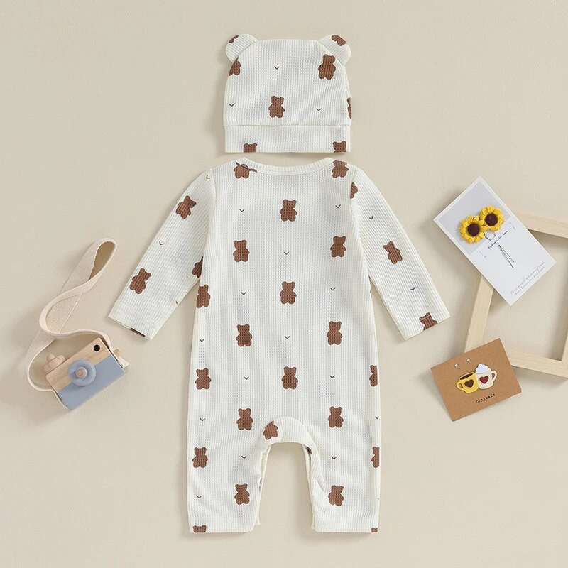 ma&baby 0-18M újszülött csecsemő baba lány fiú jumpsuit aranyos medve mintás hosszú ujjú nadrág + füles sapka őszi tavaszi ruhák