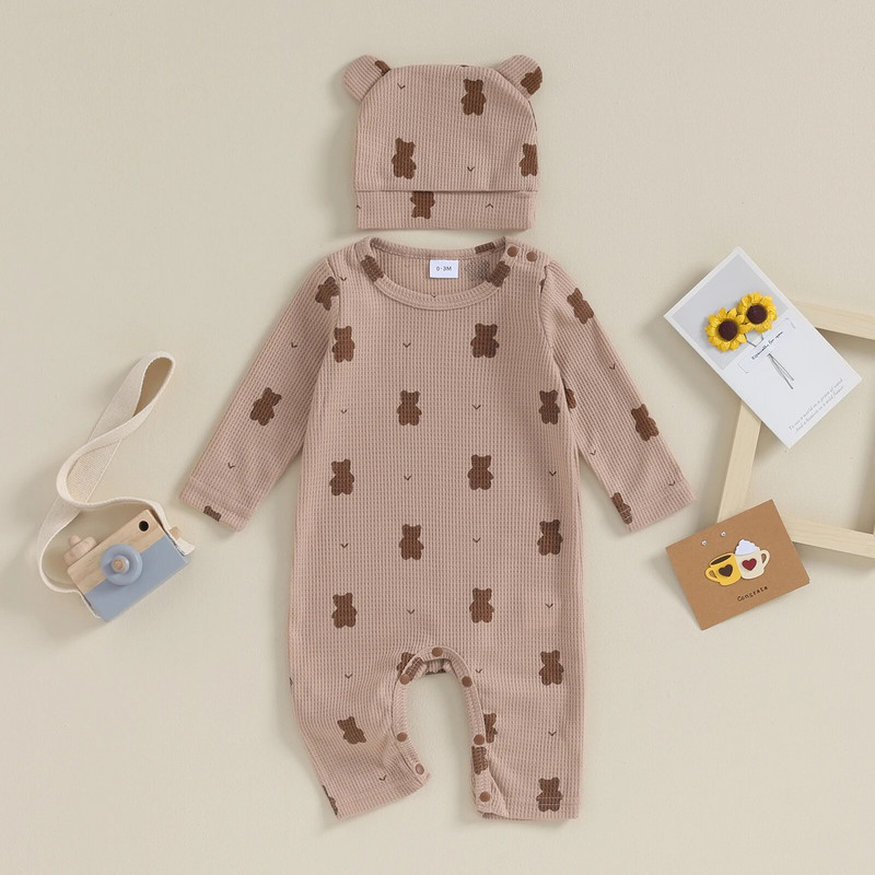ma&baby 0-18M újszülött csecsemő baba lány fiú jumpsuit aranyos medve mintás hosszú ujjú nadrág + füles sapka őszi tavaszi ruhák