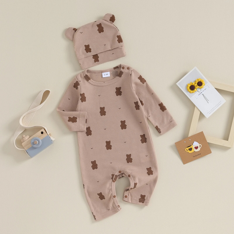 ma&baby 0-18M újszülött csecsemő baba lány fiú jumpsuit aranyos medve mintás hosszú ujjú nadrág + füles sapka őszi tavaszi ruhák