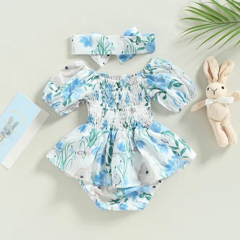 Baby Girls 2 db-os Body szett rövid ujjú, váll nélküli, virágos nyúl mintás jumpsuit fejpántos ruhával