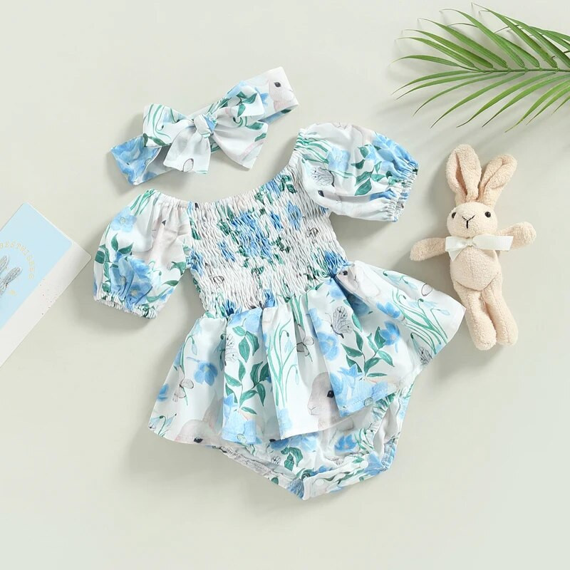 Baby Girls 2 db-os Body szett rövid ujjú, váll nélküli, virágos nyúl mintás jumpsuit fejpántos ruhával