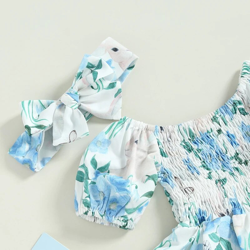 Baby Girls 2 db-os Body szett rövid ujjú, váll nélküli, virágos nyúl mintás jumpsuit fejpántos ruhával