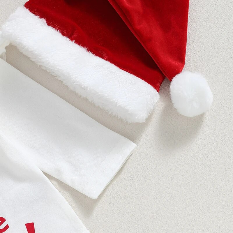 Kislányok, fiúk, őszi ruhák, betűk, nyakú, hosszú ujjú nadrágok zöld hosszú nadrágok piros kalap 3 db karácsonyi ruhakészlet