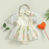 Κοριτσάκι Summer Princess Romper Φόρεμα με κοντό φουσκωτό μανίκι φλοράλ εμπριμέ δικτυωτό φόρεμα δαντέλα με κορδέλα στο κεφάλι