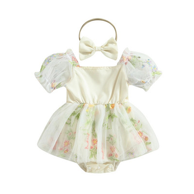 Κοριτσάκι Summer Princess Romper Φόρεμα με κοντό φουσκωτό μανίκι φλοράλ εμπριμέ δικτυωτό φόρεμα δαντέλα με κορδέλα στο κεφάλι