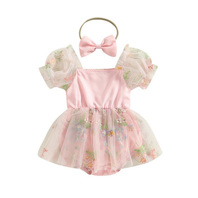 Κοριτσάκι Summer Princess Romper Φόρεμα με κοντό φουσκωτό μανίκι φλοράλ εμπριμέ δικτυωτό φόρεμα δαντέλα με κορδέλα στο κεφάλι