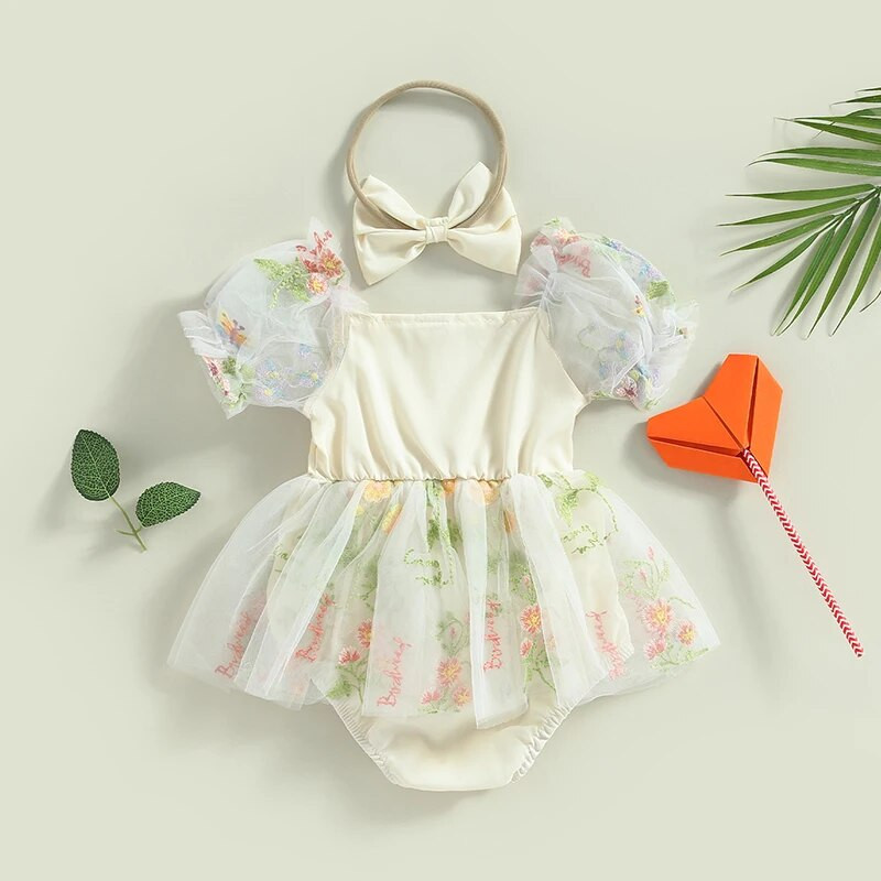 Baby Girl Summer Princess Romper ruha, rövid, felfújt ujjú, virágmintás hálós tüll csipke kombiné fejpántos ruhákkal