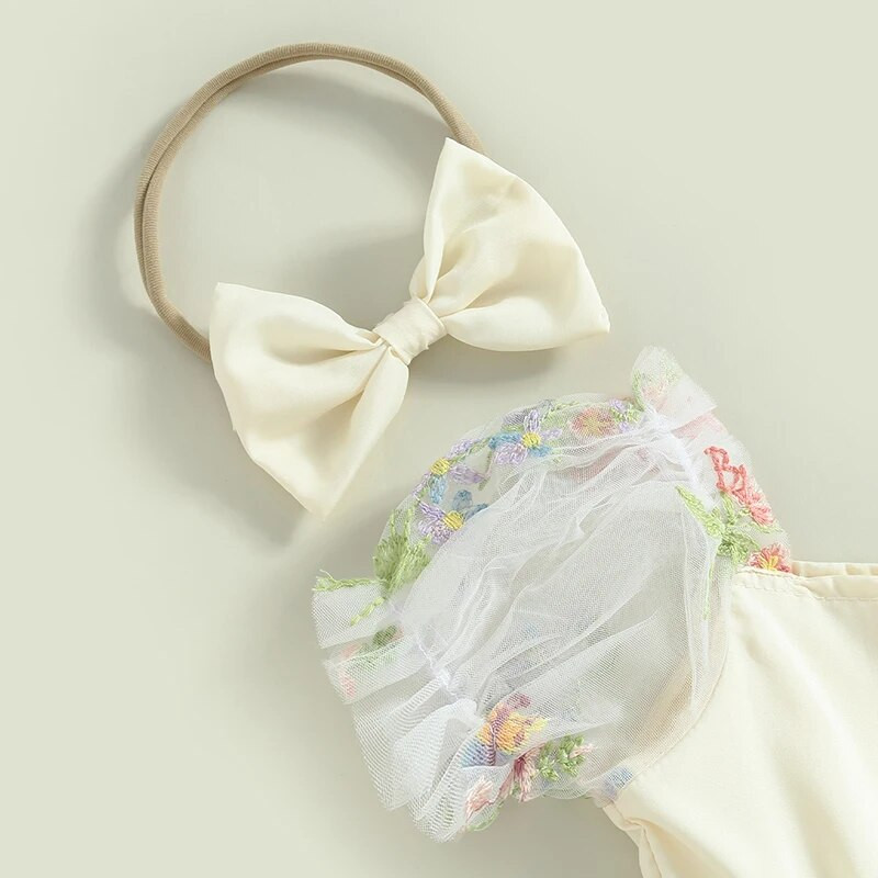 Baby Girl Summer Princess Romper ruha, rövid, felfújt ujjú, virágmintás hálós tüll csipke kombiné fejpántos ruhákkal