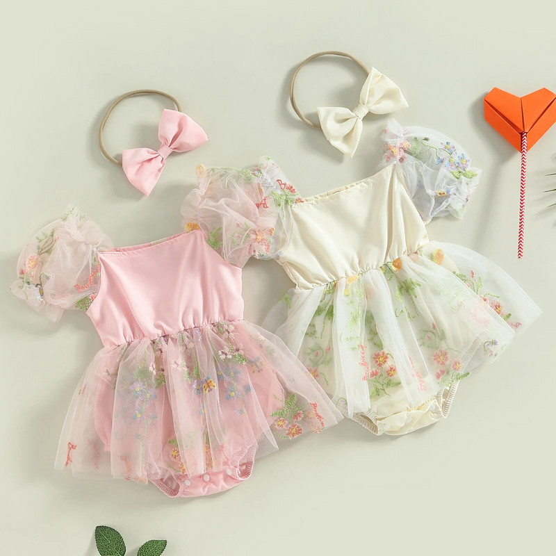 Baby Girl Summer Princess Romper ruha, rövid, felfújt ujjú, virágmintás hálós tüll csipke kombiné fejpántos ruhákkal