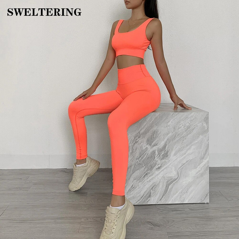 2 részes Seamless Fitness Női Jóga Öltöny Edzőterem Push Up Ruházat Edzés Sport Szett Párnázott Sportmelltartó Magas derekú Legging Sportruházat