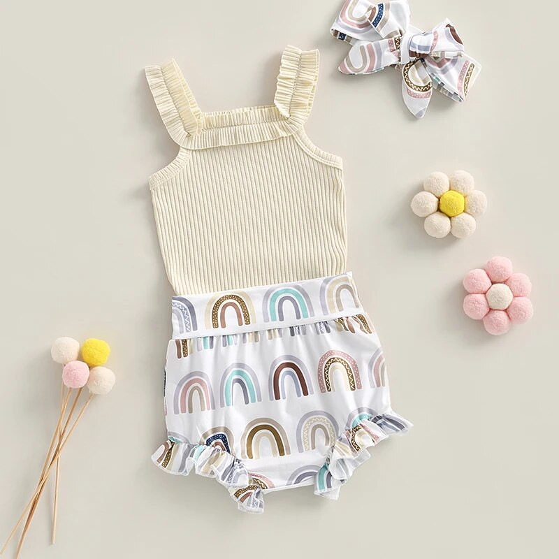 Nyári babaruházat 3 db-os ruhák ujjatlan bordás nadrág + szivárványos rövidnadrág + fejpánt szett