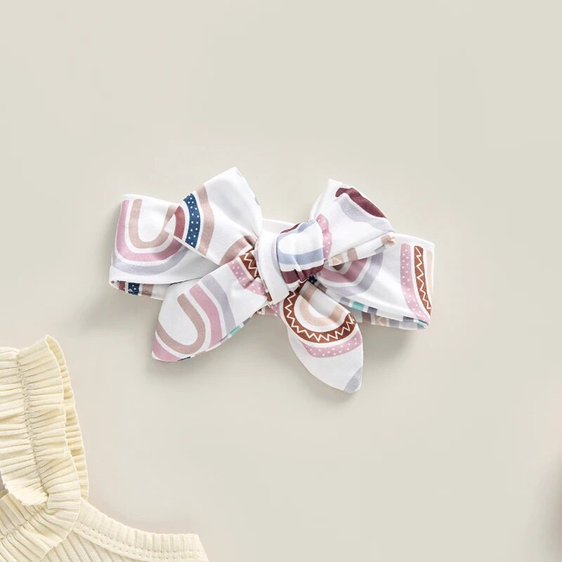 Nyári babaruházat 3 db-os ruhák ujjatlan bordás nadrág + szivárványos rövidnadrág + fejpánt szett