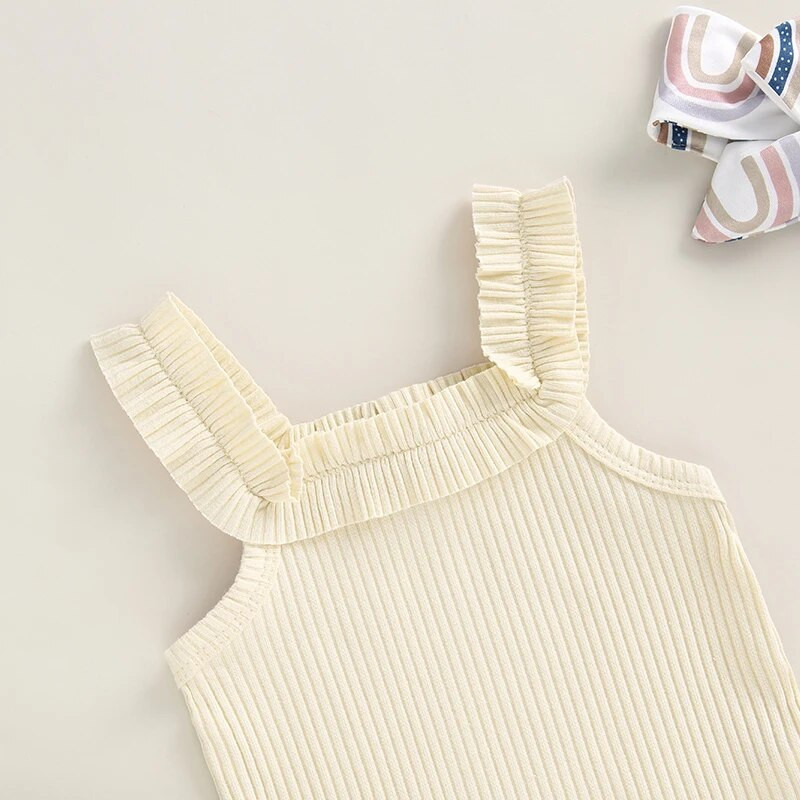 Nyári babaruházat 3 db-os ruhák ujjatlan bordás nadrág + szivárványos rövidnadrág + fejpánt szett