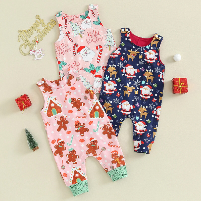 ma&baby 0-18M karácsonyi újszülött csecsemő baba lány fiú jumpsuit Aranyos Mikulás szarvas cukorka mintás nadrág ujjatlan karácsonyi jelmezek