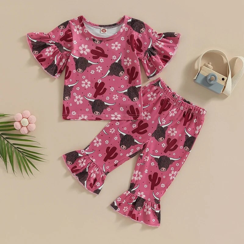 Kislány nadrágkosztüm, alkalmi utcai parti, rövid ujjú kerek nyakú bika felsők + fodros nadrág