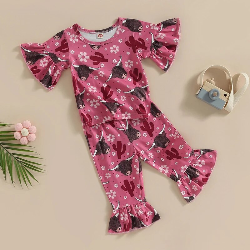 Kislány nadrágkosztüm, alkalmi utcai parti, rövid ujjú kerek nyakú bika felsők + fodros nadrág