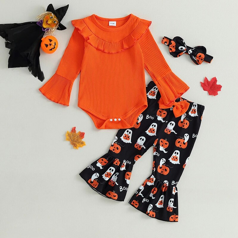 Kislányok Halloween Ruhák Hosszú ujjú Romper és Ghost Pumpkin Print kiszélesedő nadrág fejpánt 3 részes ruhák
