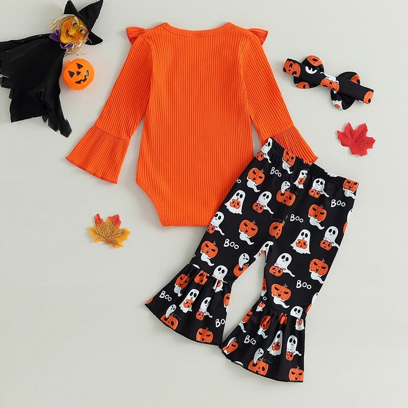 Kislányok Halloween Ruhák Hosszú ujjú Romper és Ghost Pumpkin Print kiszélesedő nadrág fejpánt 3 részes ruhák