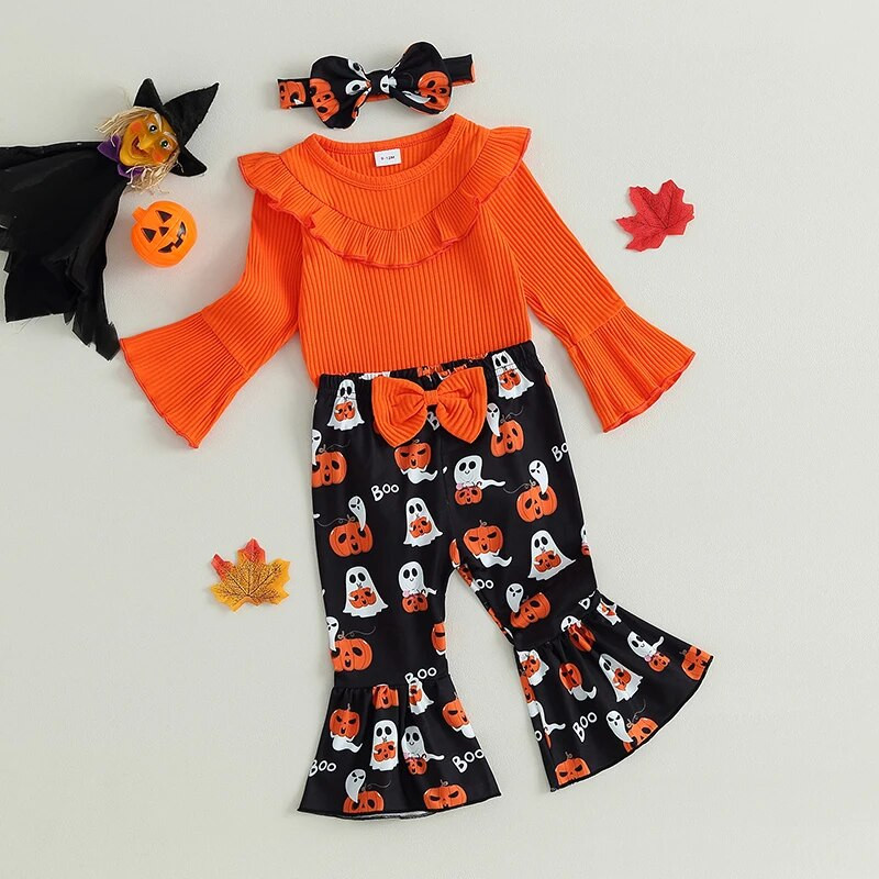 Kislányok Halloween Ruhák Hosszú ujjú Romper és Ghost Pumpkin Print kiszélesedő nadrág fejpánt 3 részes ruhák